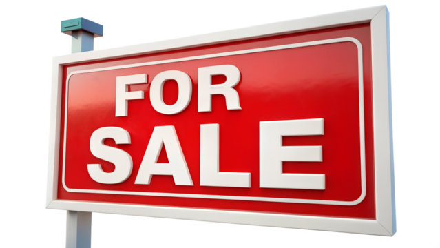 Red and white for sale sign isolated on transparent background to attract buyers