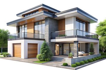 Fototapeta premium Modern twostory house with a flat roof, stone and wood facade, and a balcony isolated on transparent background