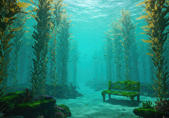 Calm Concept Art of Underwater Moss-Covered Bench and Swimming Fish in Forest of KelpCalm Concept Art of Underwater Moss-Covered Bench and Swimming Fish in Forest of Kelp