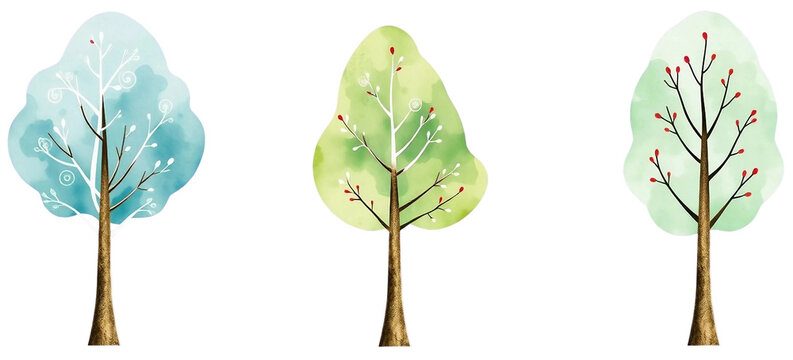 Drei verspielte Aquarellb&auml;ume mit zarten &Auml;sten und roten Knospen. Freigestellt auf transparentem Hintergrund. Ideal f&uuml;r Naturdesigns, Kinderprojekte oder saisonale Deko.