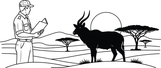 Vector art of a conservationist is observing an antelope in its natural habitat in africa he is studying the wildlife and documenting his findings