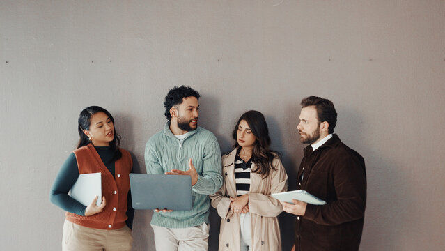 Business, people and talk with tablet in waiting room of job interview, sign up and company website. Staff, candidates and digital for research, online application and reading feedback of recruitment