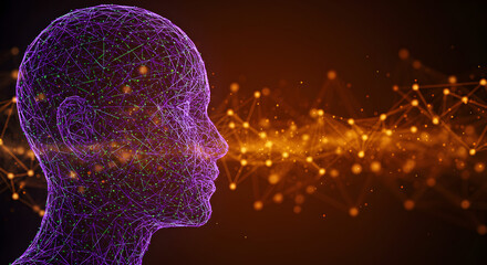 Abstract 3D illustration of a human head made of a glowing plexus network, representing AI, consciousness, and big data technology.