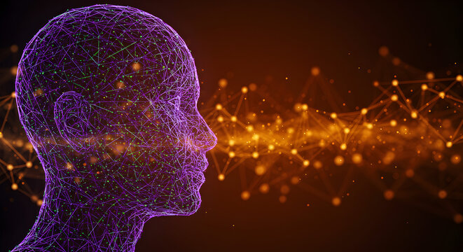 Abstract 3D illustration of a human head made of a glowing plexus network, representing AI, consciousness, and big data technology.