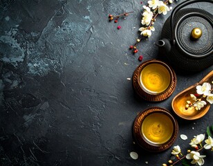 Luxury Tea Ceremony Setup with Matte Black Teaware and Golden Details on Moody Surface
