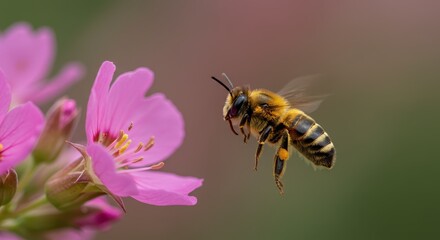 Detailed Macro of a Golden Bee in Flight Approaching a Pink Flower