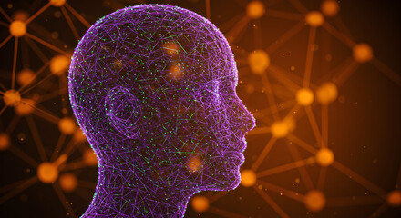 Abstract 3D illustration of a human head made of a glowing plexus network, representing AI, consciousness, and big data technology.