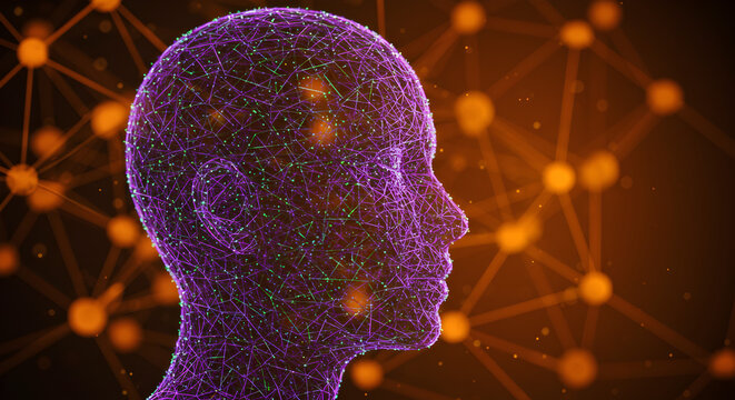 Abstract 3D illustration of a human head made of a glowing plexus network, representing AI, consciousness, and big data technology.
