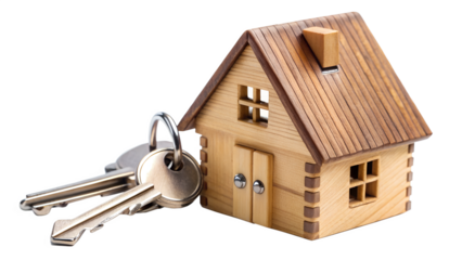 Wooden house model with keys isolated on transparent background, symbolizing real estate, property investment, and the dream of home ownership