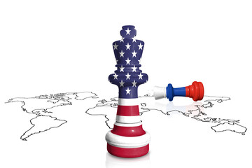 Chess made from flags of US and Russia on a world map