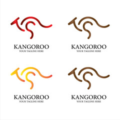 Four stylized kangaroo logos in red, brown, yellow, and orange with space for text