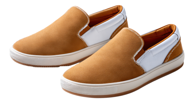 Stylish Slip-On Sneakers: A pair of modern, brown and white slip-on sneakers, blending style and ease, the perfect footwear for daily wear, offering both comfort and fashion.