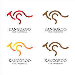 Four stylized kangaroo logos in red, brown, yellow, and orange with space for text