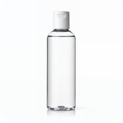 Transparent bottle showcasing liquid contents with a clean aesthetic on white background