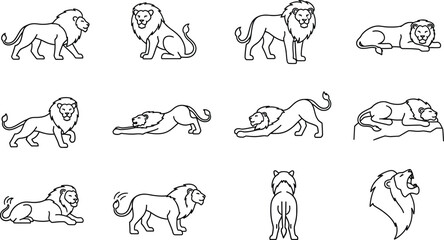 Vector art of collection of lion outlines, a set of simple and elegant designs, perfect for logos, emblems, or decorations with a touch of wildlife