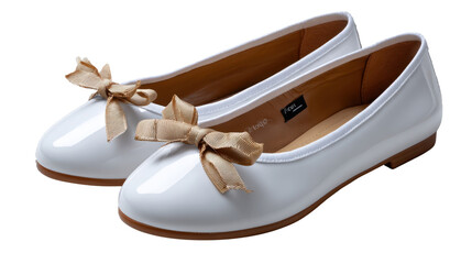 Elegant Ballet Flats with Bows: A pair of pristine, glossy ballet flats, adorned with delicate bows, exuding a sense of timeless style and grace.