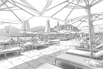Obraz premium Outdoor scene of a beachside area with sun umbrellas and lounge chairs.