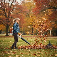 Woman Using Leaf Blower in Autumn Park with Rake and Falling Leaves