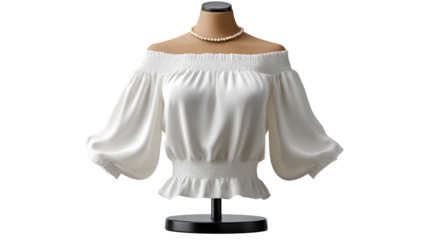 Elegant White Blouse on Mannequin: Captivating studio shot featuring a pristine white blouse gracefully displayed on a sophisticated mannequin. It captures the charm of fashion and design. 