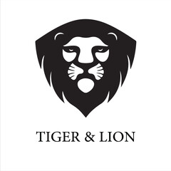A bold lion head logo within a shield shape, accompanied by the text tiger lion, isolated on white background