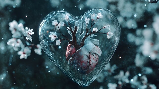 Anatomical Glass Heart with Blooming Cherry Branches Suspended in Magical Atmosphere perfect for surreal artwork, emotional health campaigns, love and biology themed designs and romantic editorials