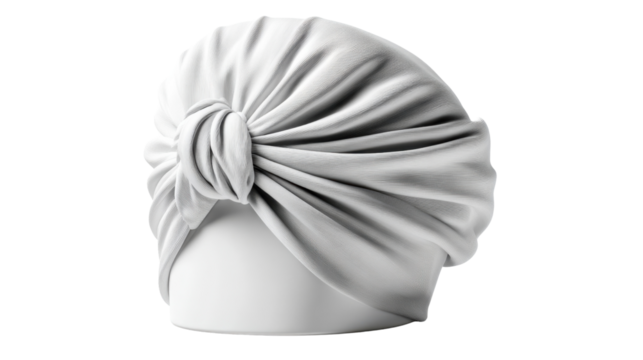 Turban Fashion and Style: A studio shot presents a beautifully draped turban hat, showcasing its elegant form and texture against a pristine backdrop. 