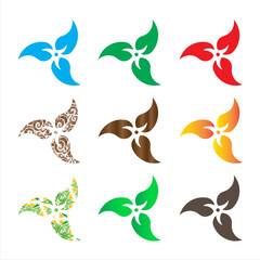 Nine stylized leaf or petal logos in various colors and patterns, isolated on white background