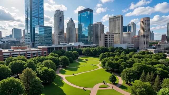 Stunning 4K Aerial View of Houston Skyline at Eleanor Tinsley Park - Perfect for Travel, Urban Planning, and Real Estate Marketing Projects
