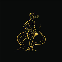 Elegant Fashion Silhouette of Woman with Flowing Hair – Golden Lines

