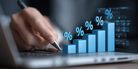 Business graph with percentage, special offer of shopping department store discount and tax concept, adjusting interest rates, raising interest rates to fight inflation, returns on investments.