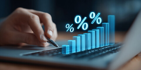 Business graph with percentage, special offer of shopping department store discount and tax concept, adjusting interest rates, raising interest rates to fight inflation, returns on investments.