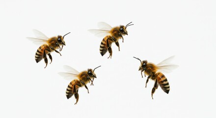 A Detailed Quartet of Honey Bees in Dynamic Flight, Isolated on a Clean White Background.