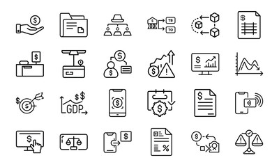 Finance and Banking Line Icons 24 Vector Icons for GDP, Payment Analysis, Transactions, Charts, Mobile Banking and Financial Risk Management UI Design