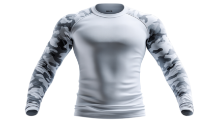 Stylish Performance Wear: This image showcases a modern athletic long-sleeve shirt, featuring a sleek design with camo-patterned sleeves, ideal for sports and fitness activities.