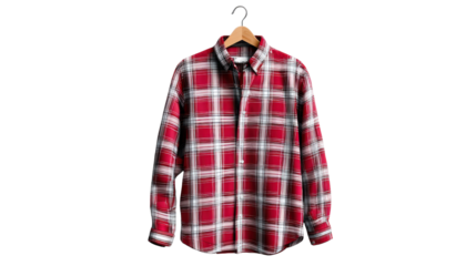 Red Plaid Shirt: This high-angle shot captures a classic red plaid shirt hanging on a wooden hanger, evoking a sense of timeless style and casual comfort.