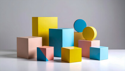 Obraz premium A professional mockup of blank product packaging boxes arranged on a clean pastel background. This simple, well-lit scene is perfect for e-commerce.