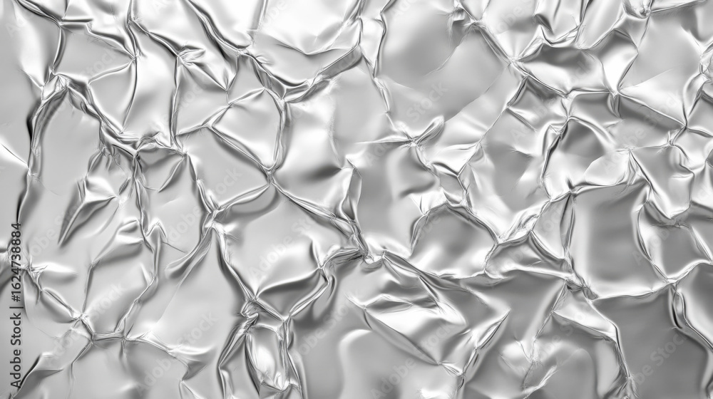 Poster reflective aluminum foil texture creates an abstract and shiny surface in a bright light setting