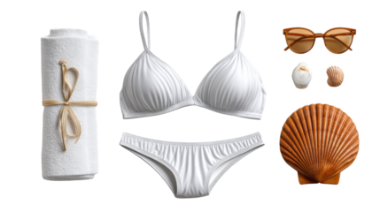Seaside Essentials: Beach-ready essentials, including a pristine white bikini, stylish sunglasses, a rolled towel, and captivating seashells, set against a bright background.
