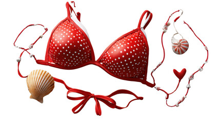 Coastal Adornments: An arrangement of a vibrant red bikini top with white dots is surrounded by shells and delicate accessories, evoking a sense of summer's seaside beauty.