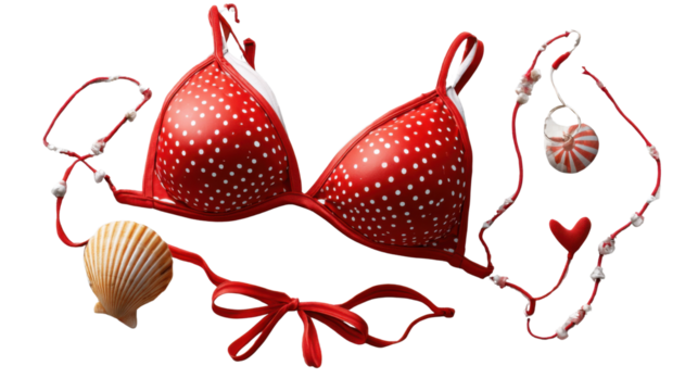 Coastal Adornments: An arrangement of a vibrant red bikini top with white dots is surrounded by shells and delicate accessories, evoking a sense of summer's seaside beauty. - Powered by Adobe