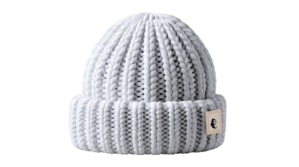 Cozy Knitted Cap: A close-up shot of a stylish, gray knitted cap showcasing its soft texture and ribbed design, perfect for cold weather comfort.