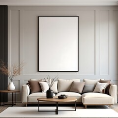Frame mockup, ISO A paper size. Living room wall poster mockup. Interior mockup with house background. Modern interior design. 3D render	