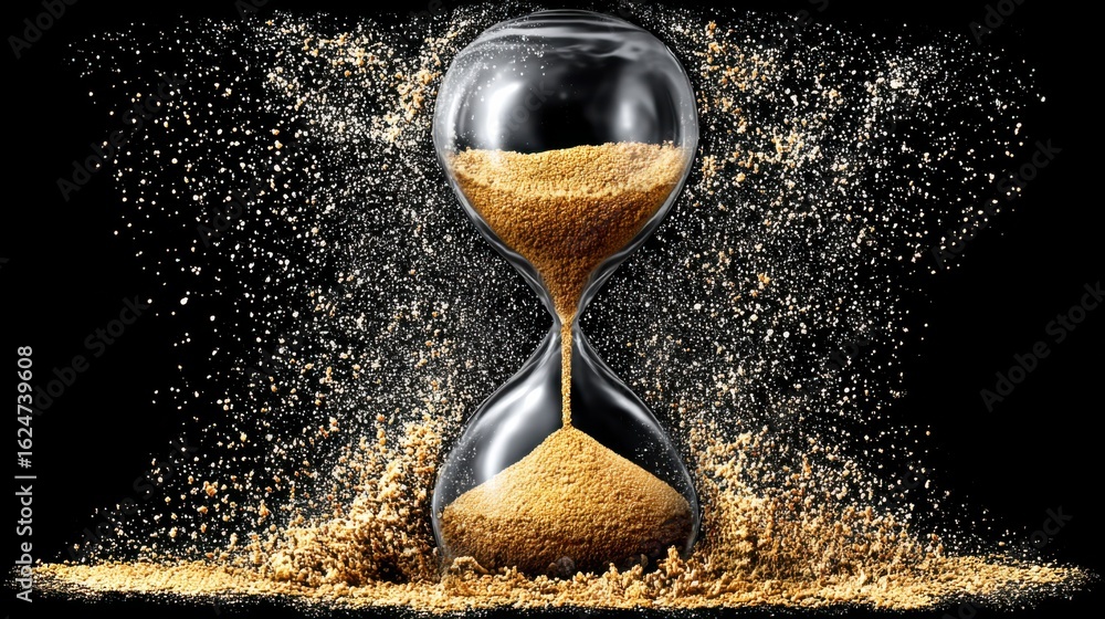 Poster sand flows through a metallic hourglass with a black background and golden particles dispersing arou