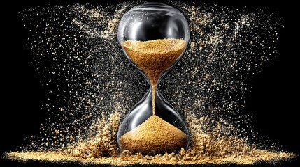 Sand flows through a metallic hourglass with a black background and golden particles dispersing around it