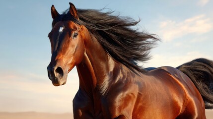Obraz premium A brown horse with flowing mane running outdoors against a blue sky with clouds