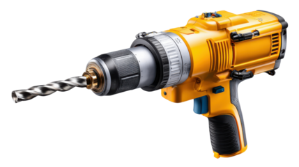 Precision in Construction: A powerful, close-up image of a cordless drill showcases its yellow and black design and demonstrates the functionality and precision of construction tools.