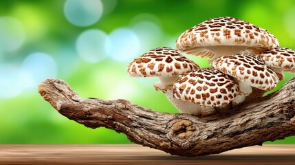 Obraz premium Mushrooms growing on a tree branch in a natural forest setting with blurred green background