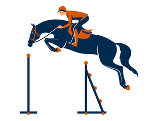 Vector illustration of a show jumper riding a horse in mid-air over an obstacle during competition