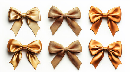 Beautiful collection of golden and bronze bows arranged neatly on a light background for craft projects or decorations