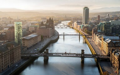 Fototapeta premium Glasgow Scotland Cityscape with River Clyde and Bridges Featuring Welcome to Glasgow Sign image photo